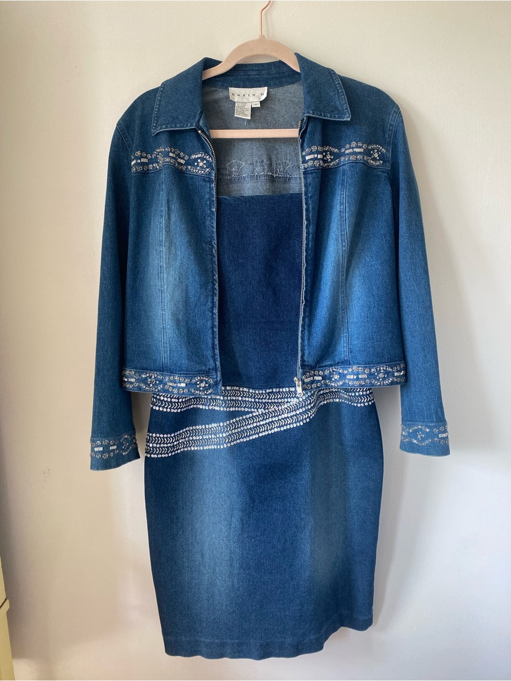 Basix Ii Rhinestone Embellished Denim Jacket and Dress Set